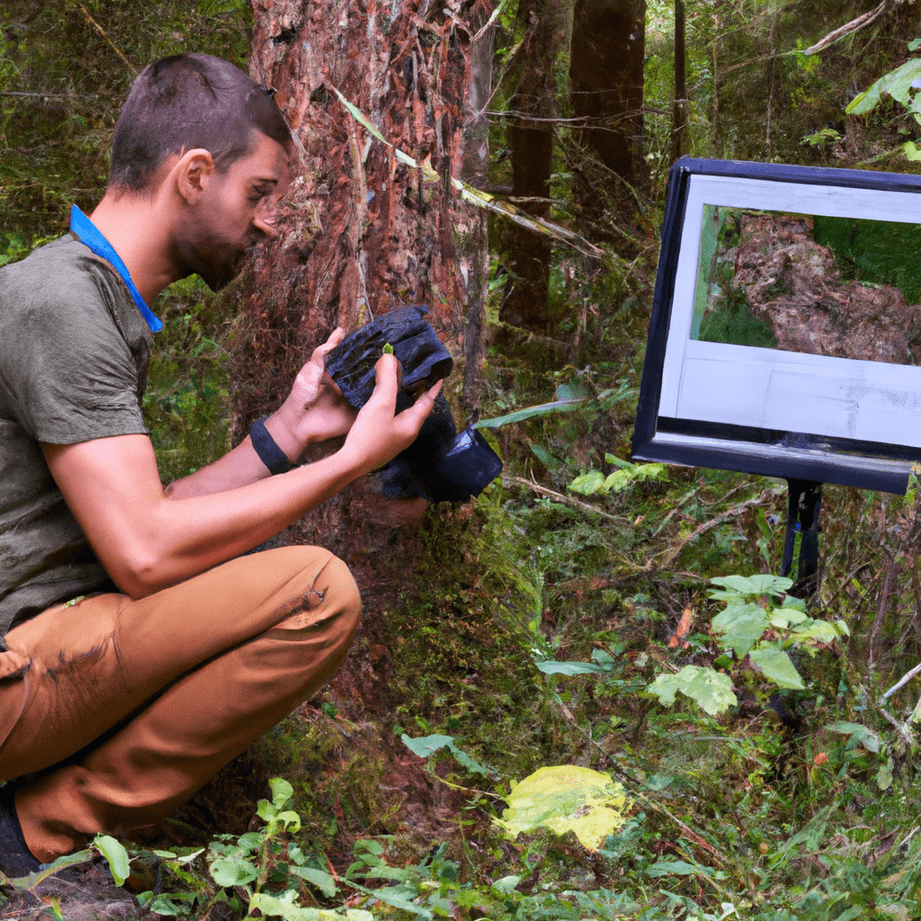A photo of a wildlife researcher analyzing and interpreting trail camera photos in a forest, gaining valuable insights into animal behavior and their natural environment. [Sigma 85 mm f/1.4. No text.]. Sigma 85 mm f/1.4. No text.