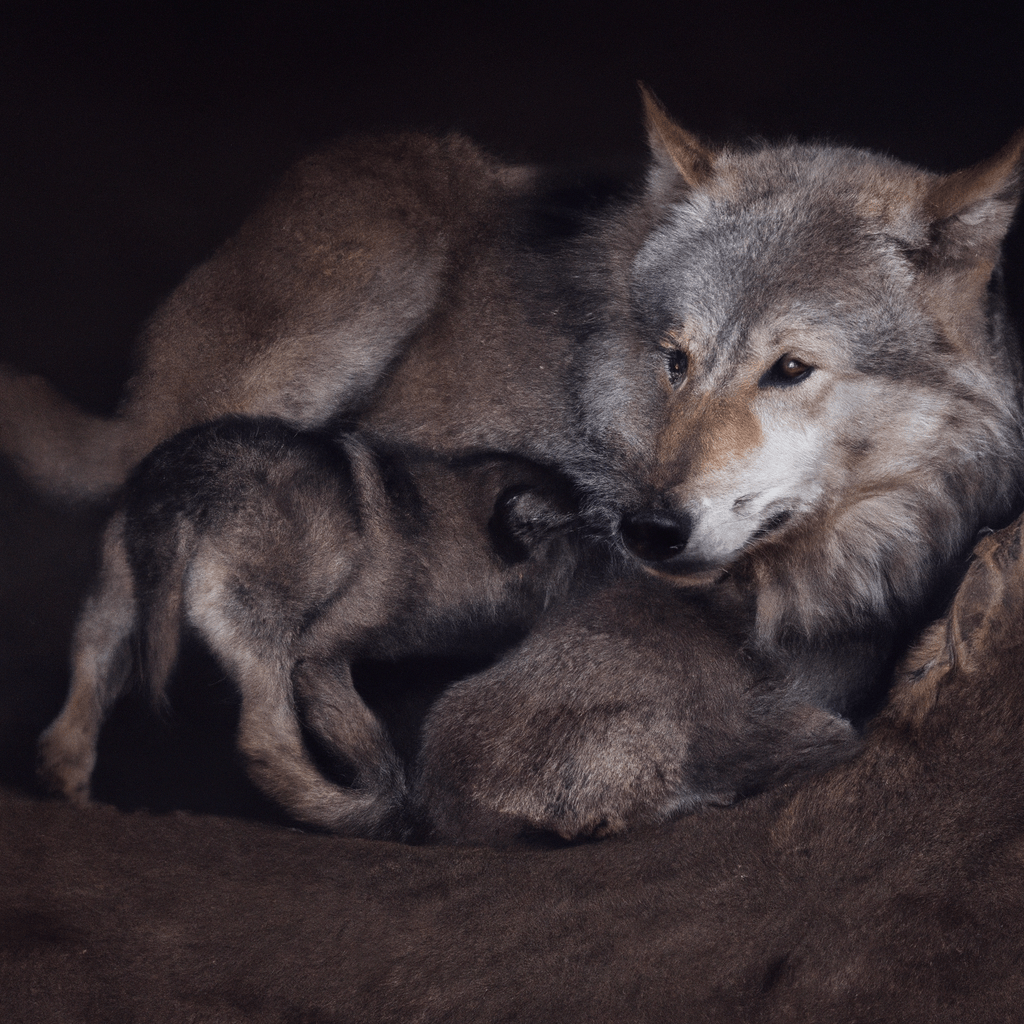 A photo of a wolf nurturing its cubs in a cozy underground den, demonstrating the strong bond and nurturing nature of wolf parenting.. Sigma 85 mm f/1.4. No text.