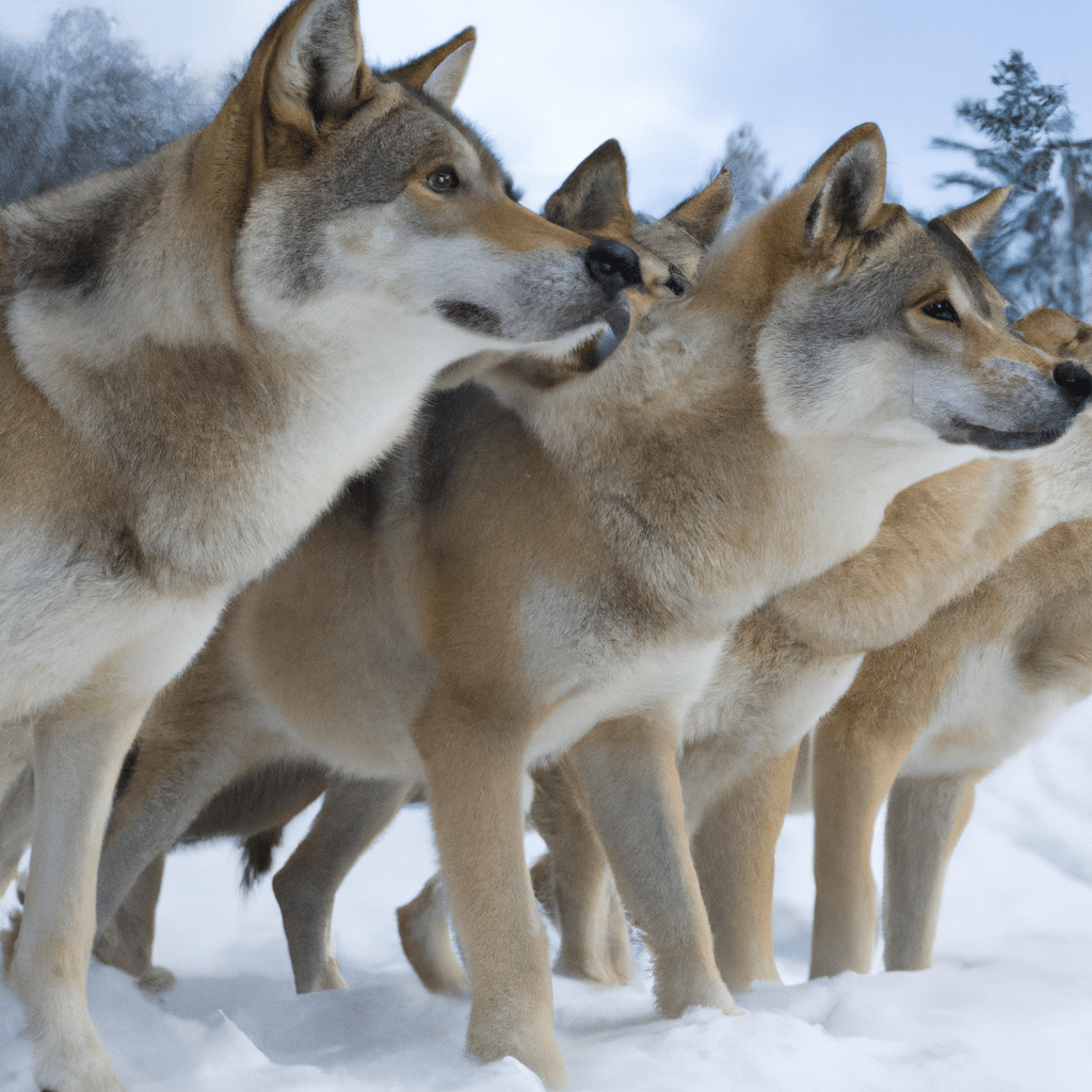 2 - [Photograph: A pack of wolves standing together, their eyes focused on a prey in the distance]. Captured by a camera trap, this powerful image showcases the strong bonds and cooperative nature of wolf packs in the snowy wilderness.. Sigma 85 mm f/1.4. No text.