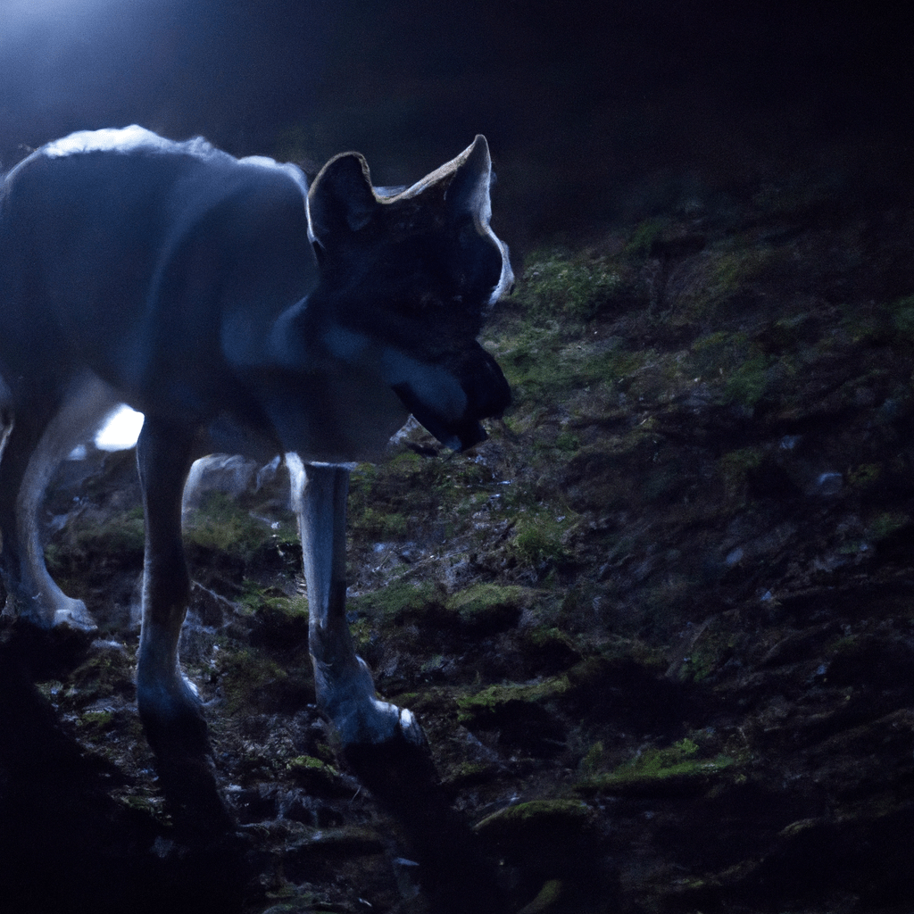 A photo capturing the surprising encounters and untamed wilderness at night, revealing the hidden secrets and fascinating world of wolves in their natural habitat. Sigma 85 mm f/1.4. No text.. Sigma 85 mm f/1.4. No text.