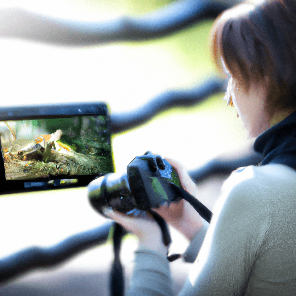 [A woman looking at a wildlife photo on a camera's display.]. Sigma 85 mm f/1.4. No text.