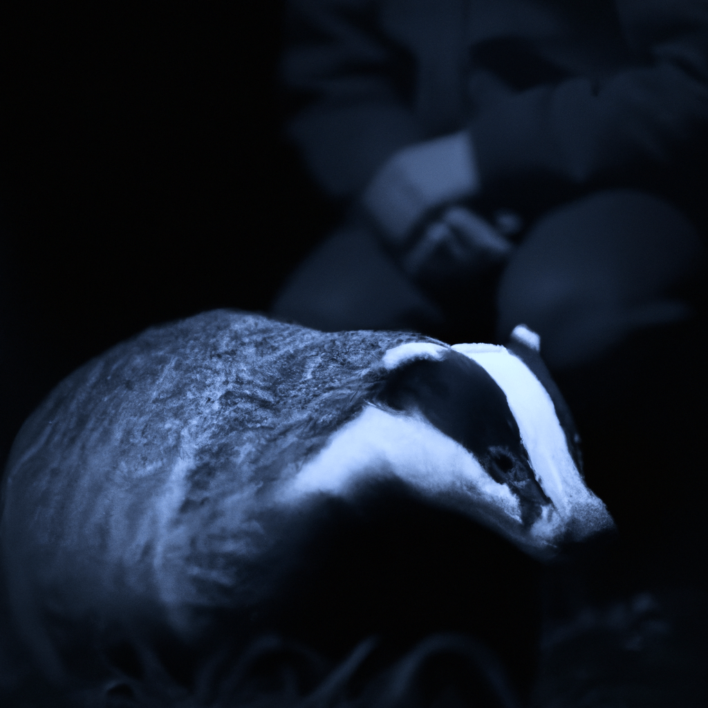 [A photo of a badger exploring the night wilderness while a person quietly observes.]. Sigma 85 mm f/1.4. No text.