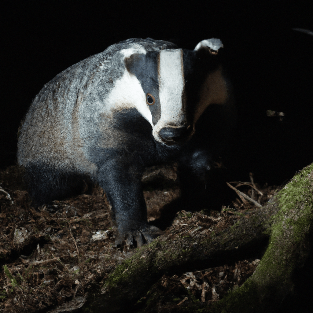 [A photo of a badger exploring a nocturnal forest, illuminated by the flash of a camera trap.]. Sigma 85 mm f/1.4. No text.