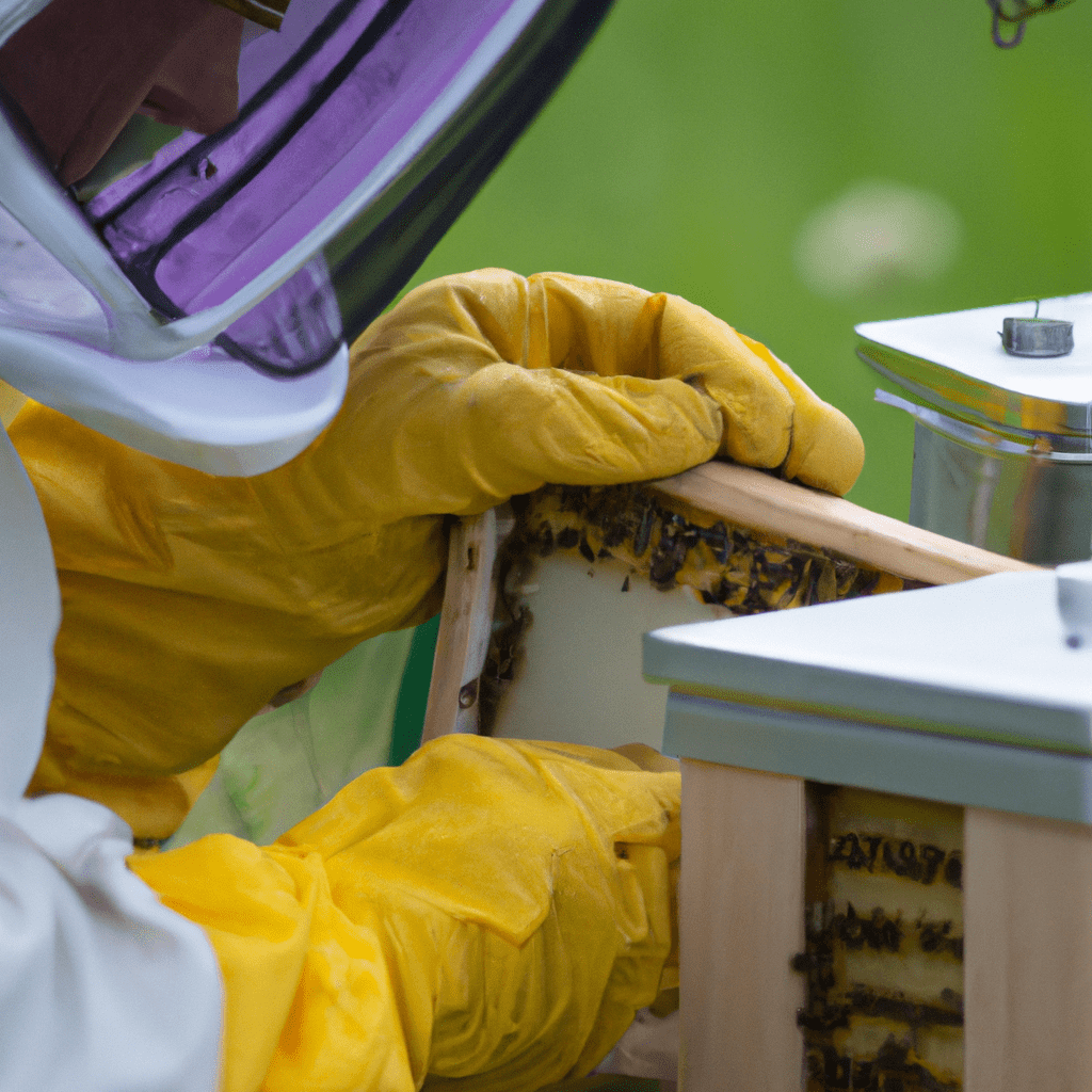 2 - A close-up shot capturing a beekeeper inspecting a beehive with a photo trap. Monitoring bee productivity using innovative techniques.. Sigma 85 mm f/1.4. No text.