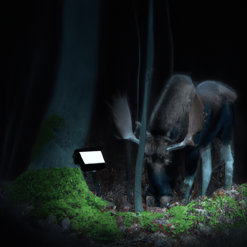 3 - [Image description: A camera trap set up in a dark forest capturing a mysterious and elusive moose in its natural habitat. Cutting-edge technology for scientific research.].. Sigma 85 mm f/1.4. No text.
