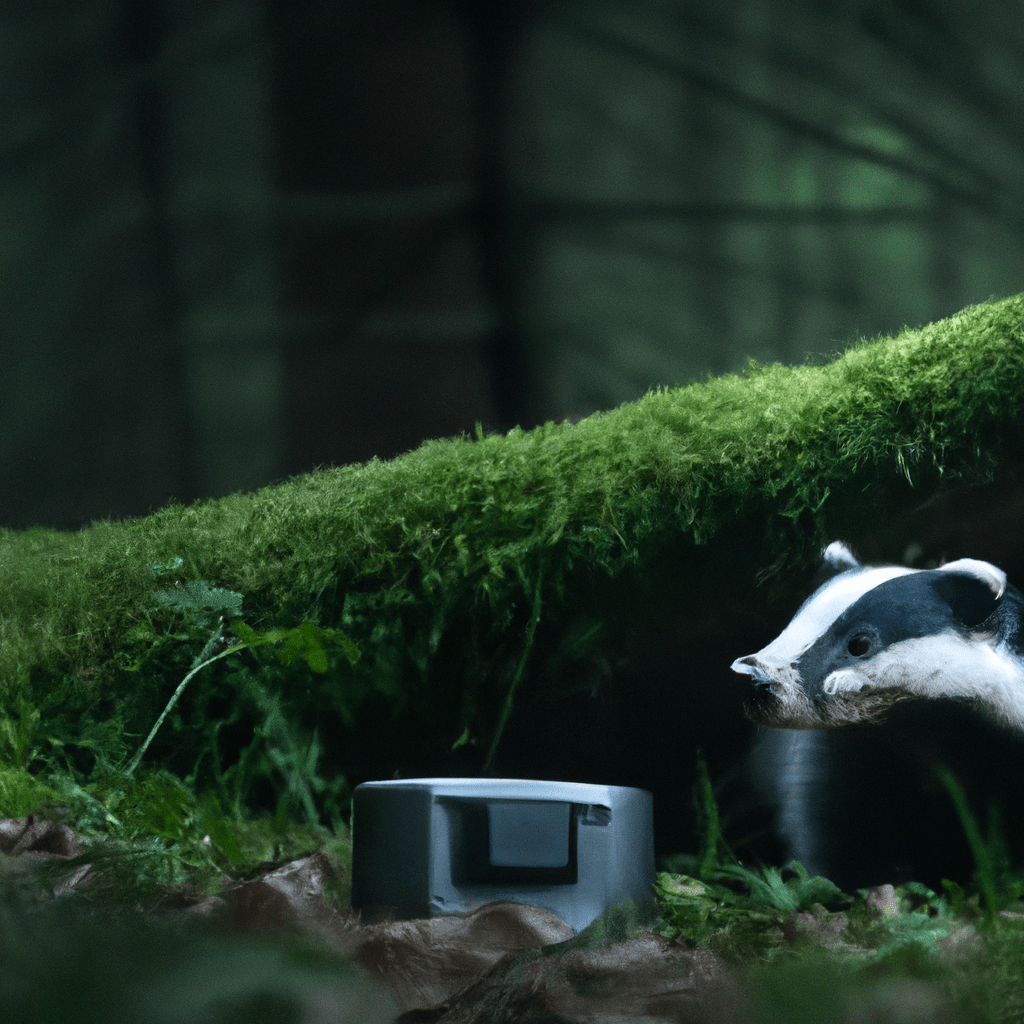 2 - A photo of a camera trap hidden in the forest, capturing a curious badger exploring its surroundings.. Sigma 85 mm f/1.4. No text.