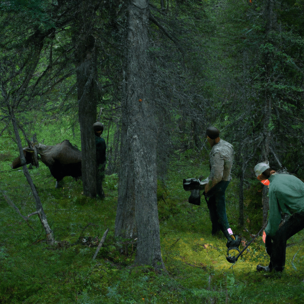 2 - [Image description: A group of researchers setting up camera traps in the dark forest to capture elusive images of majestic moose.]. Sigma 85 mm f/1.4. No text.. Sigma 85 mm f/1.4. No text.