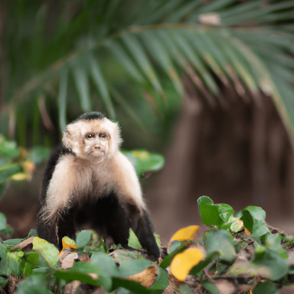 A photograph showing a white-faced capuchin monkey blending into its surroundings with its camouflaged fur.. Sigma 85 mm f/1.4. No text.