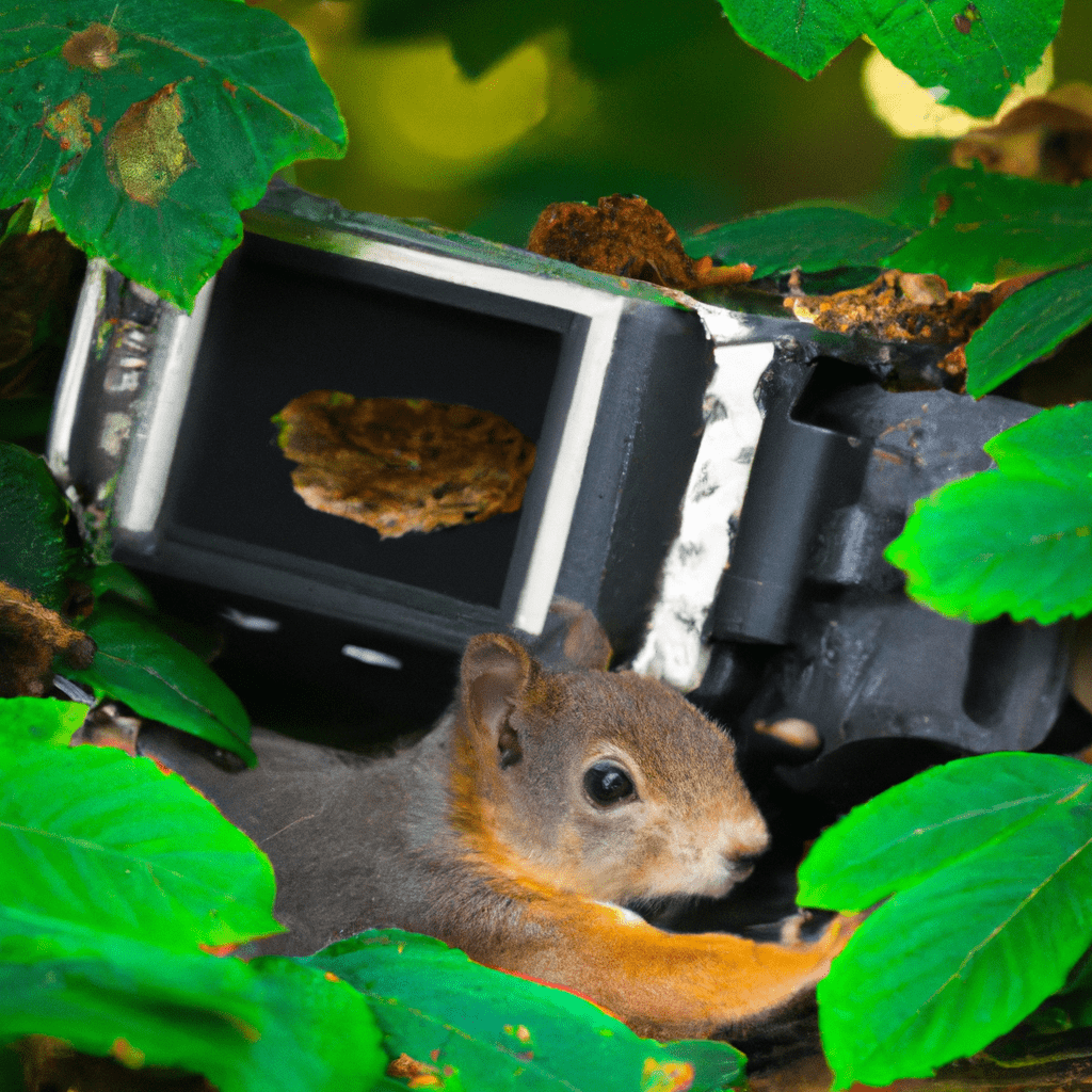 3 - [ ] A well-camouflaged trail camera hidden among leaves, capturing a squirrel in its natural habitat. Ideal settings and strategic placement ensure stunning wildlife footage.. Sigma 85 mm f/1.4. No text.