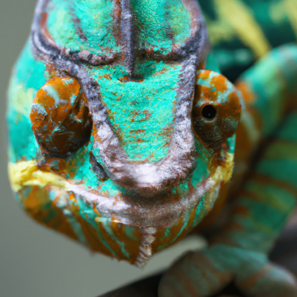 2 - A close-up photo of a chameleon gracefully changing its color, showcasing its remarkable ability to blend in with its surroundings. Canon 100 mm f/2.8. No text.. Sigma 85 mm f/1.4. No text.