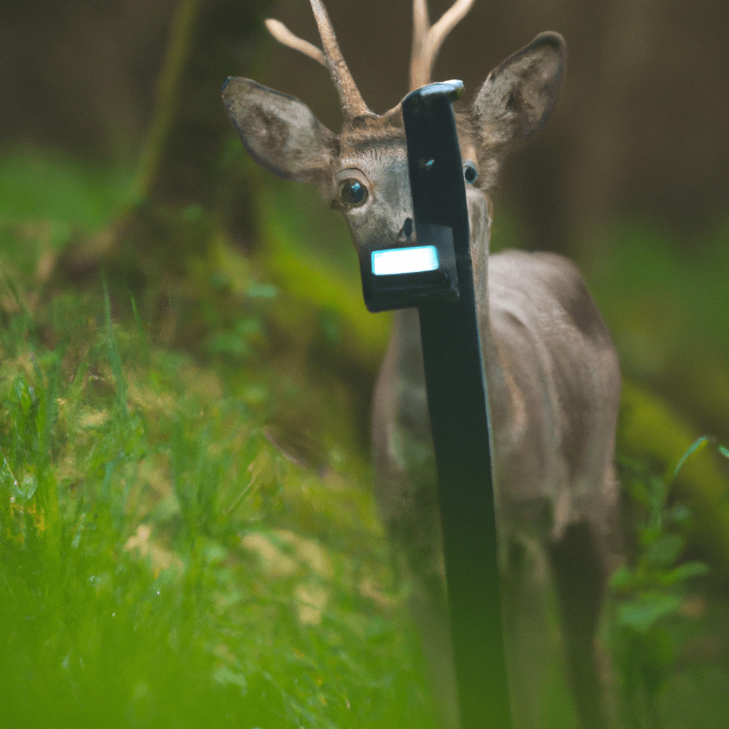 A photo captures the moment when a deer curiously investigates a camera trap, showcasing the innovative technology and its impact on wildlife research.. Sigma 85 mm f/1.4. No text.