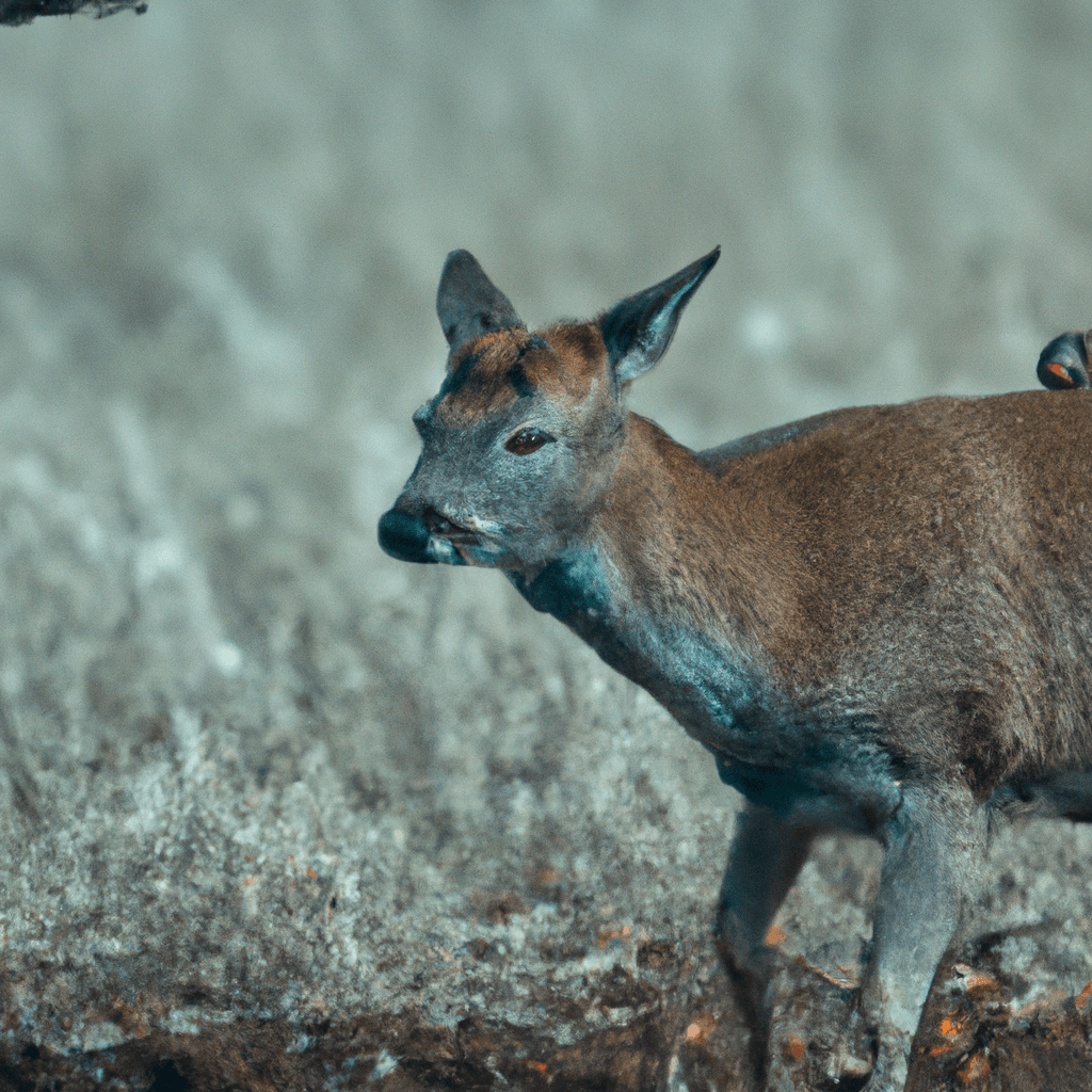A stunning capture of a graceful deer in its natural habitat, illustrating the impact of climate change on their survival and behavior. Canon 600mm f/4. An image that speaks volumes about the importance of conservation efforts.. Sigma 85 mm f/1.4. No text.