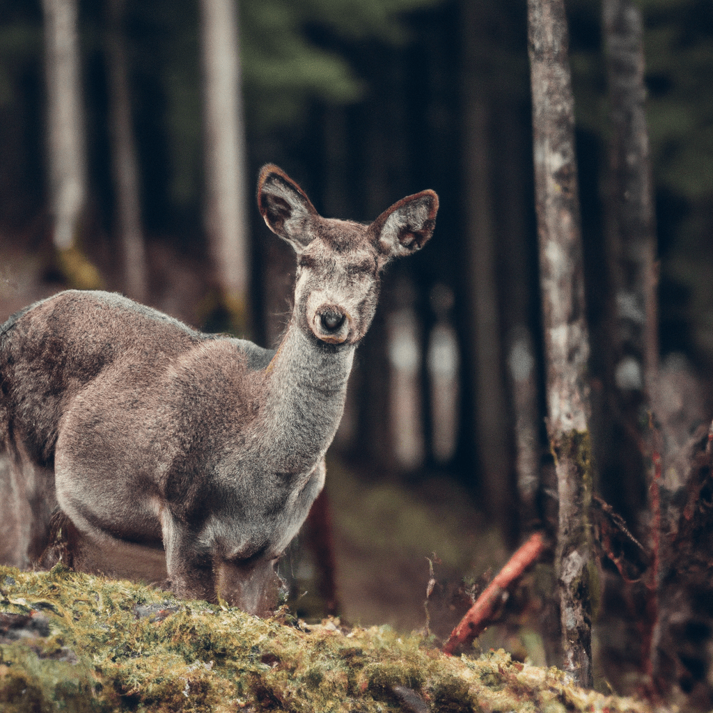 A close-up photo of a deer captured by a wildlife camera in its natural habitat.. Sigma 85 mm f/1.4. No text.