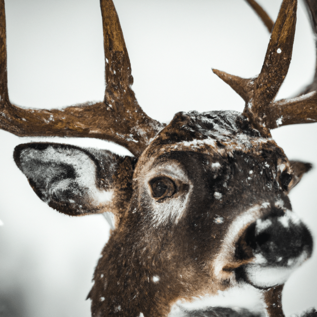 A close-up of a white-tailed deer covered in a thick coat of fur, braving the winter cold with its adorable antlers.. Sigma 85 mm f/1.4. No text.