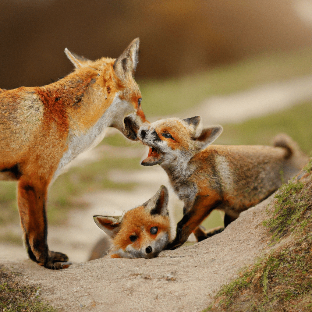 4 - An insightful photo capturing the family life of foxes and their adorable offspring, showcasing their social interactions and teaching moments. #WildlifeFamily. Sigma 85 mm f/1.4. No text.. Sigma 85 mm f/1.4. No text.