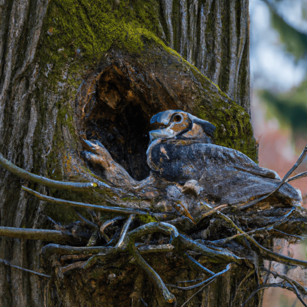 3 - [Great Horned Owl Building a Nest]. Nikon 200 mm f/2.8. Capturing the precise moment, this Great Horned Owl diligently constructs its nest in a tall tree, using branches, moss, and feathers for strength and insulation. Sigma 85 mm f/1.4. No text.. Sigma 85 mm f/1.4. No text.
