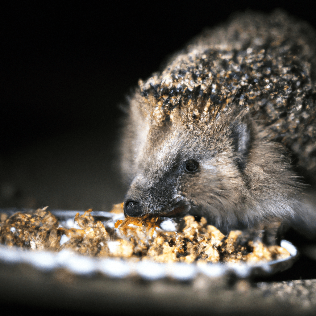 [Photo: A close-up night shot of a hedgehog enjoying its favorite meal.]. Sigma 85 mm f/1.4. No text.