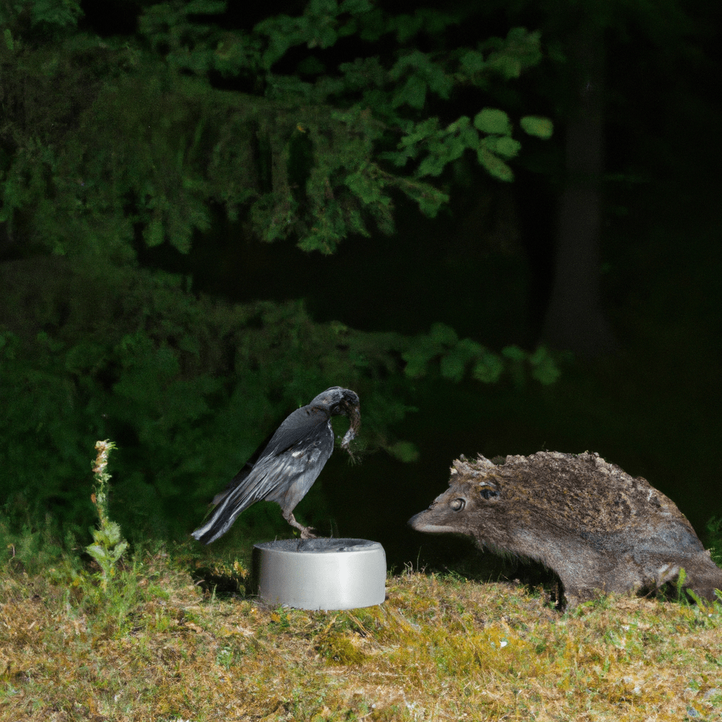 [Photo: A hedgehog and a crow communicating, captured by a wildlife camera trap.]. Sigma 85 mm f/1.4. No text.