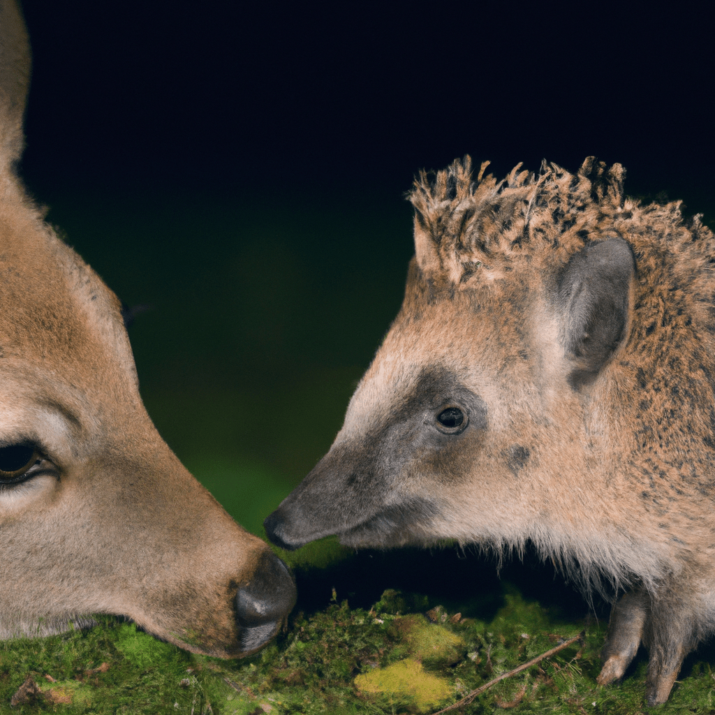 Photo: A hedgehog and a deer captured in a tender moment by a wildlife camera trap.. Sigma 85 mm f/1.4. No text.