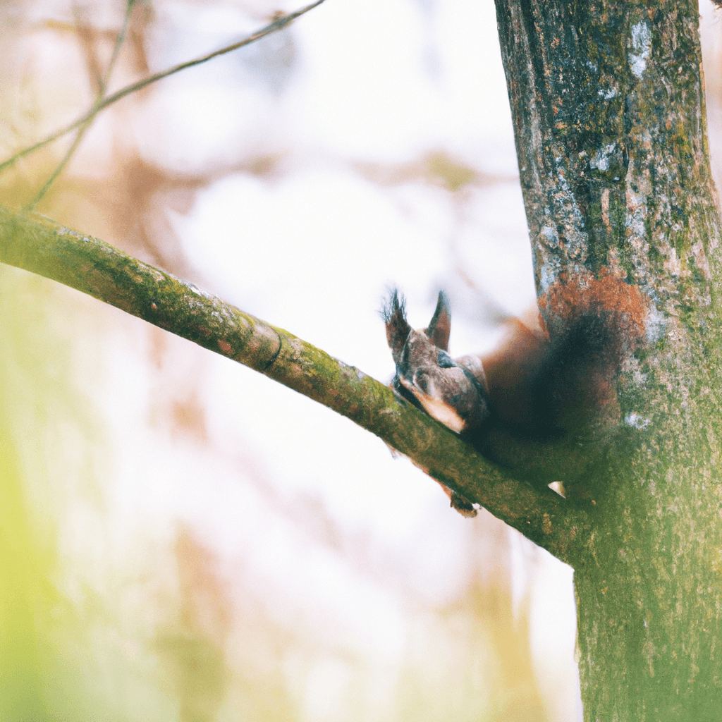 A picture revealing a hidden squirrel on a tree branch, showcasing its clever camouflage techniques.. Sigma 85 mm f/1.4. No text.