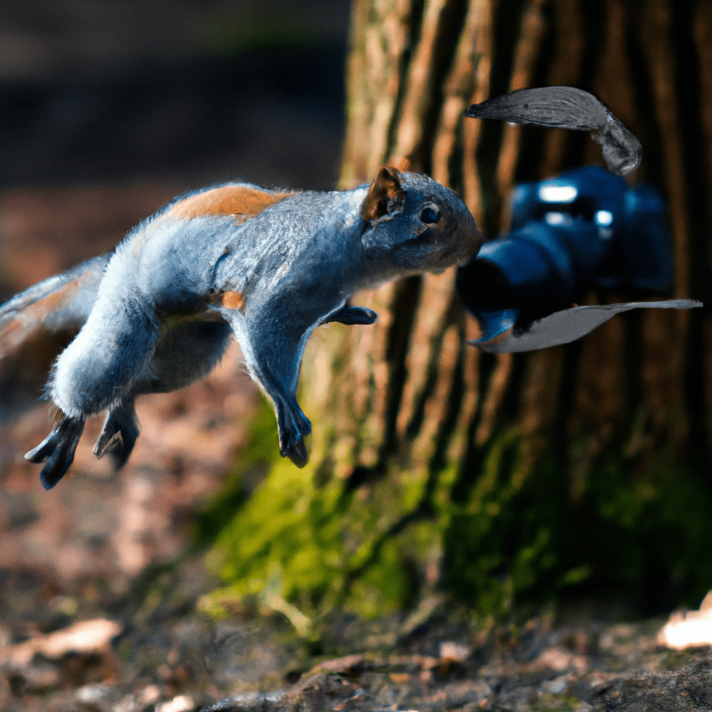 A hidden camera captures a predatory bird swooping down towards a squirrel, highlighting the importance of predators in the ecosystem. Sigma 85 mm f/1.4. No text.. Sigma 85 mm f/1.4. No text.