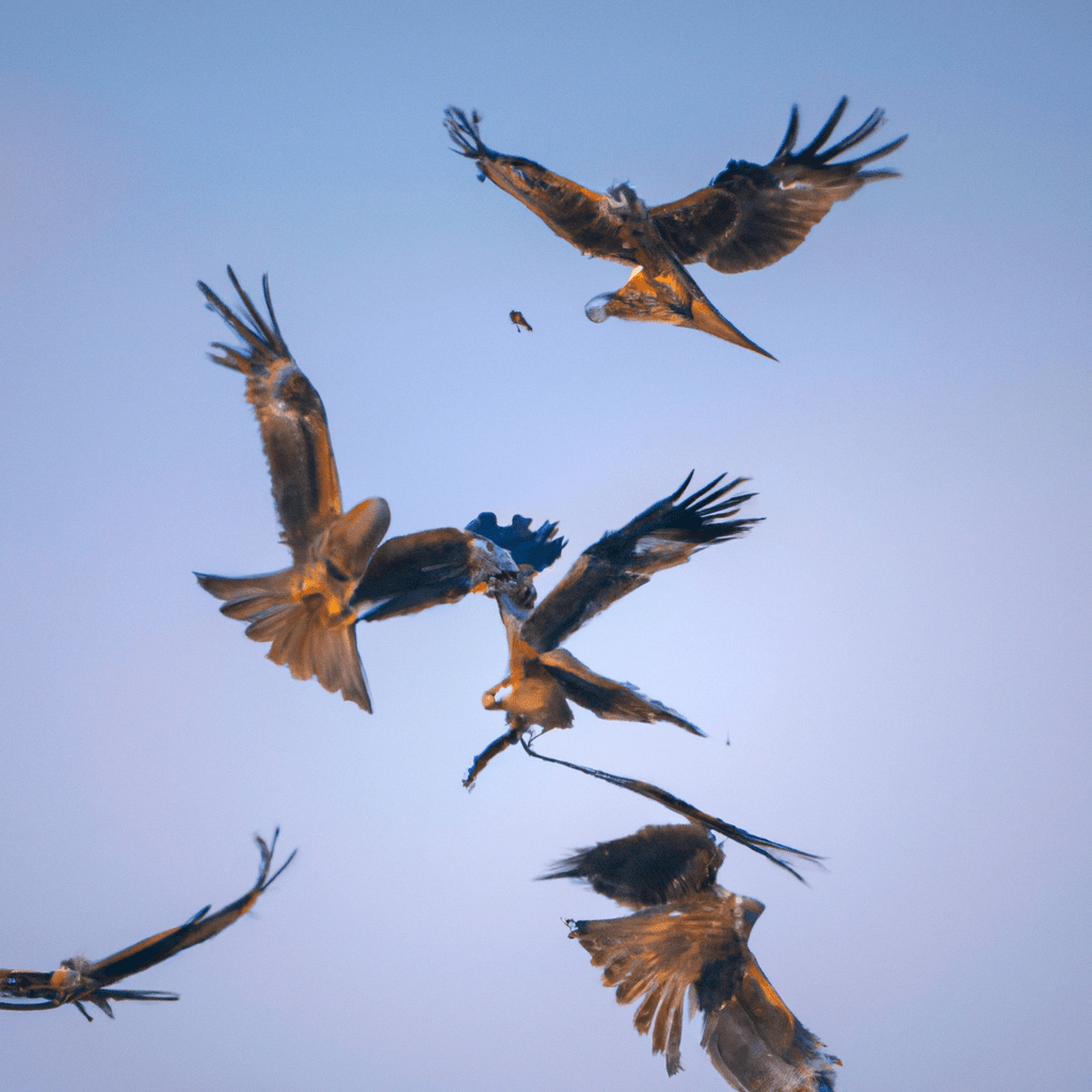 A photo captured by a hidden camera shows a group of kites in action, communicating and coordinating their hunting strategies. These social birds of prey showcase their fascinating social behavior and communication skills. Nikon 200mm lens.. Sigma 85 mm f/1.4. No text.