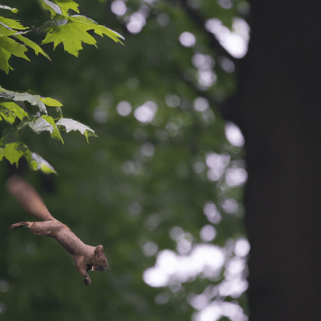 [A photo capturing a nimble squirrel mid-air, effortlessly leaping between tree branches.]. Sigma 85 mm f/1.4. No text.