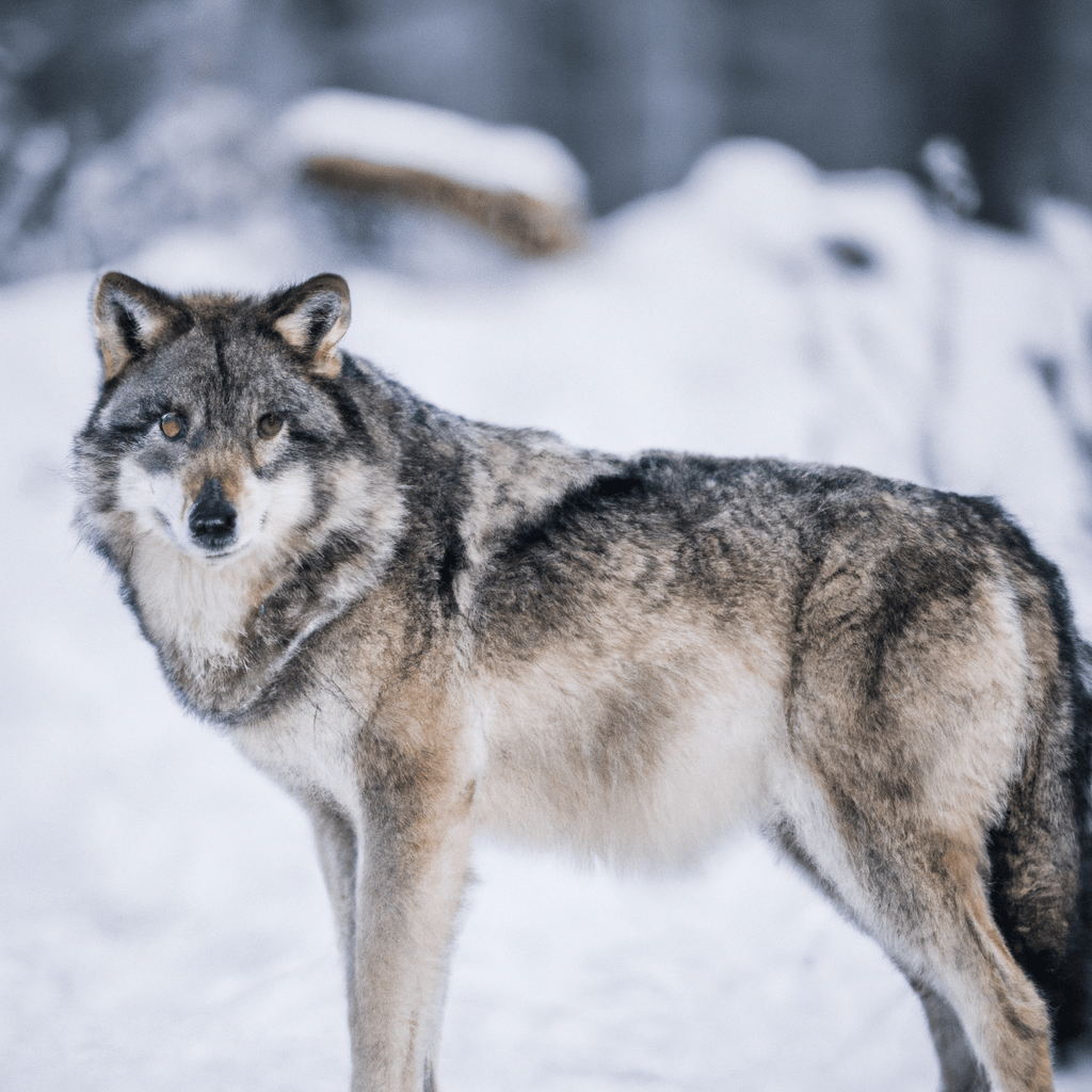 [A lone wolf staring directly into the camera, surrounded by a snowy landscape]. Sigma 85 mm f/1.4. No text.