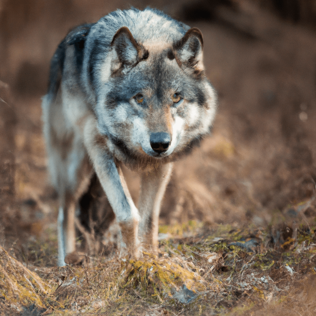 5 - [A captivating image of a lone wolf on the prowl, captured by a discreet camera in its natural habitat]. Canon 70-200mm f/2.8. Witness the untamed beauty of the wolf's solitary journey.. Sigma 85 mm f/1.4. No text.