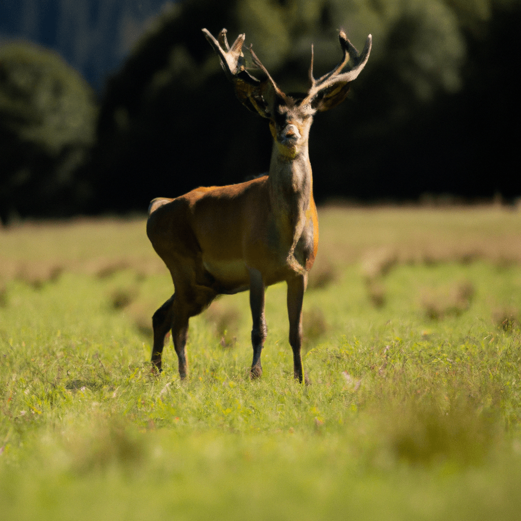 [A majestic deer stands tall in a green meadow, captured by a discreet camera trap. Discover the secrets of their world and how climate change affects their habits.]. Sigma 85 mm f/1.4. No text.