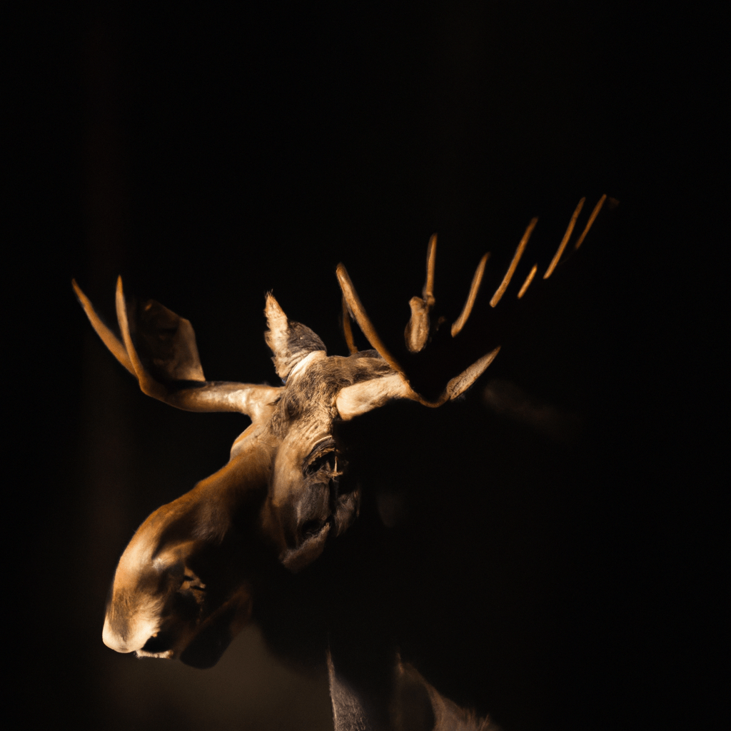 [Bildbeschreibung: Ein majestätischer Elch steht im Dunkeln des Waldes, während er von einer Fotofalle erfasst wird.]. Sigma 85 mm f/1.4. No text.