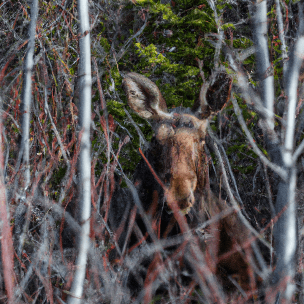 2 - A majestic moose hiding behind trees and bushes, utilizing nature's perfect camouflage to protect itself from predators. Witness their incredible survival skills up close. Sigma 85 mm f/1.4. No text.. Sigma 85 mm f/1.4. No text.