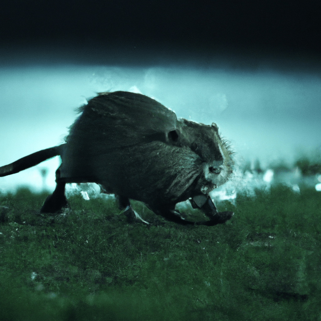 A photo of a muskrat captured by a motion-activated camera in the moonlit wilderness.. Sigma 85 mm f/1.4. No text.