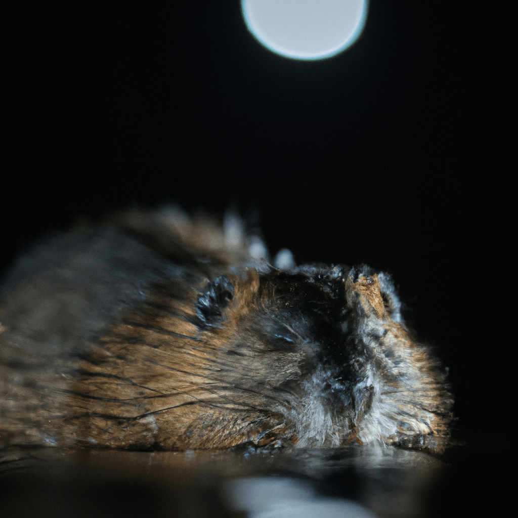 A close-up photo of a muskrat emerging from the water under the moonlight.. Sigma 85 mm f/1.4. No text.