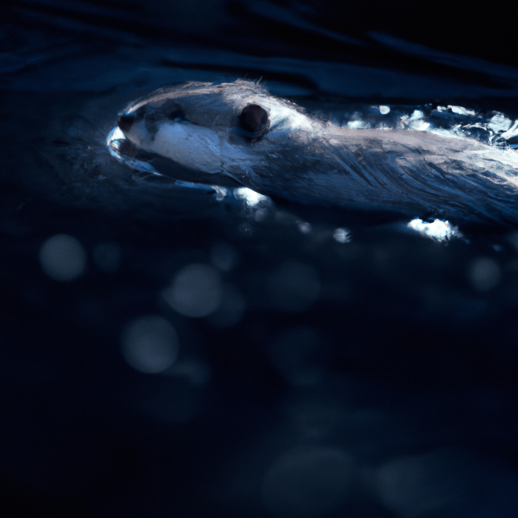 [A close-up photo of a muskrat swimming in a moonlit river]. Sigma 85 mm f/1.4. No text.