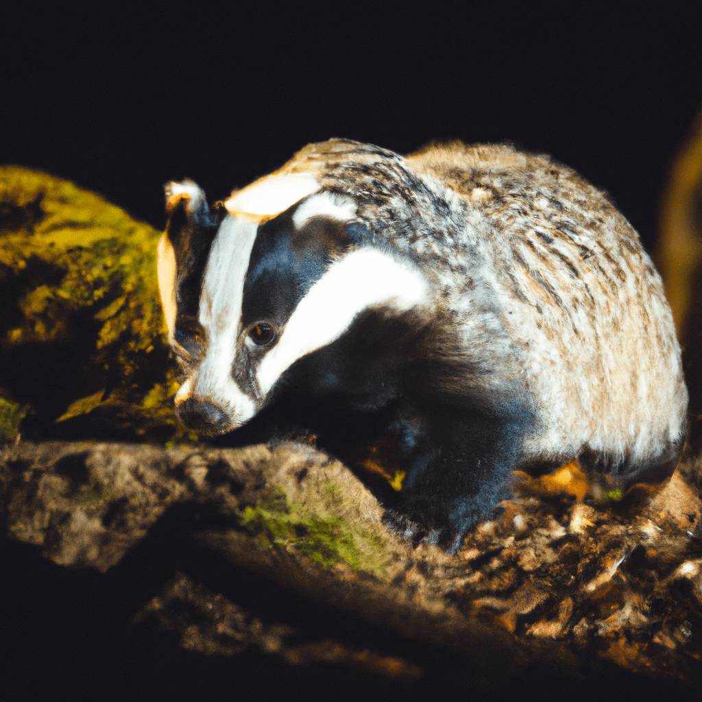 [Photo: A nighttime capture of a badger in its natural habitat, showcasing its nocturnal activities and hunting behavior.]. Sigma 85 mm f/1.4. No text.