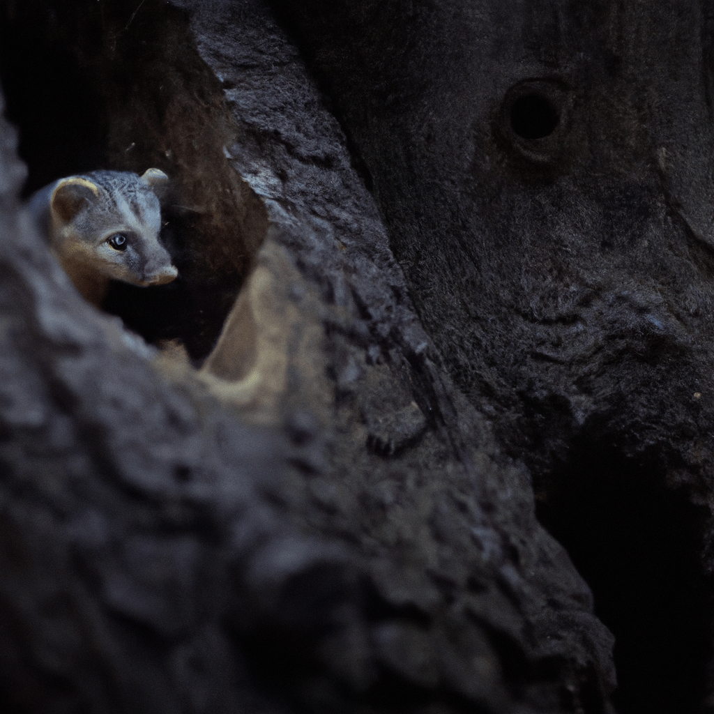 2 - [Photo: A tchoř peering out of a hole in a tree trunk, its dark fur blending with the shadowy background. Its bright eyes gleam eerily in the dim light, capturing the essence of its nocturnal nature.]. Sigma 85 mm f/1.4. No text.