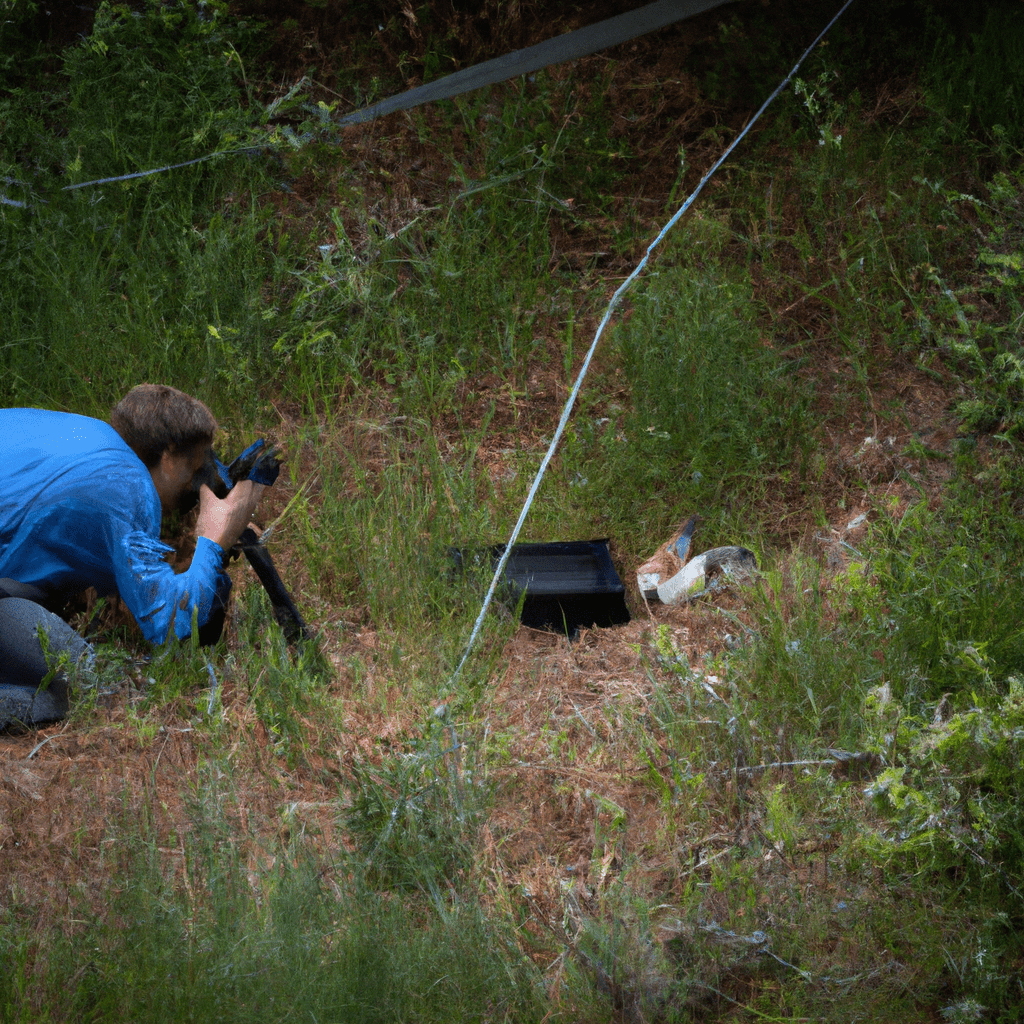 4 - [A photo of a researcher observing a rabbit through a camera trap in its natural habitat]. Nikon D850. No text.. Sigma 85 mm f/1.4. No text.
