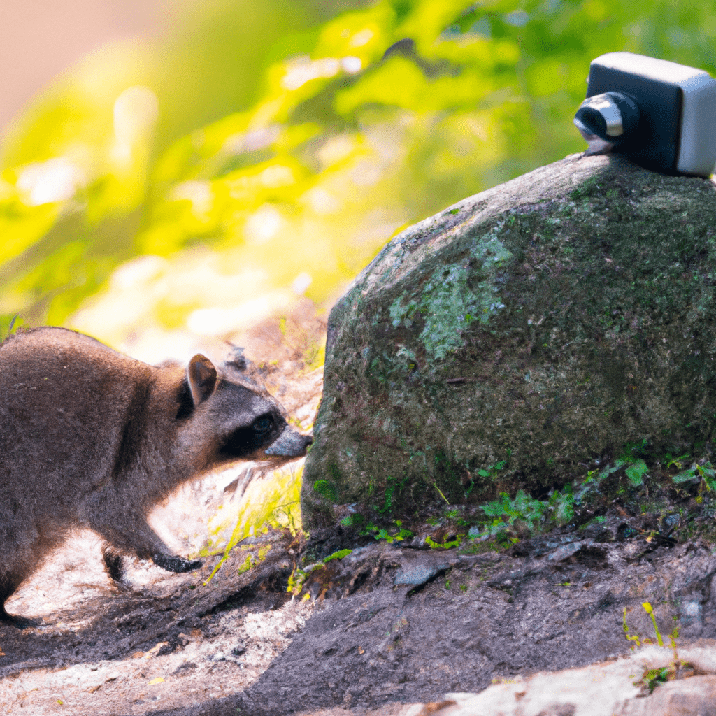 A wildlife camera disguised as a rock captures a curious raccoon exploring its natural habitat.. Sigma 85 mm f/1.4. No text.