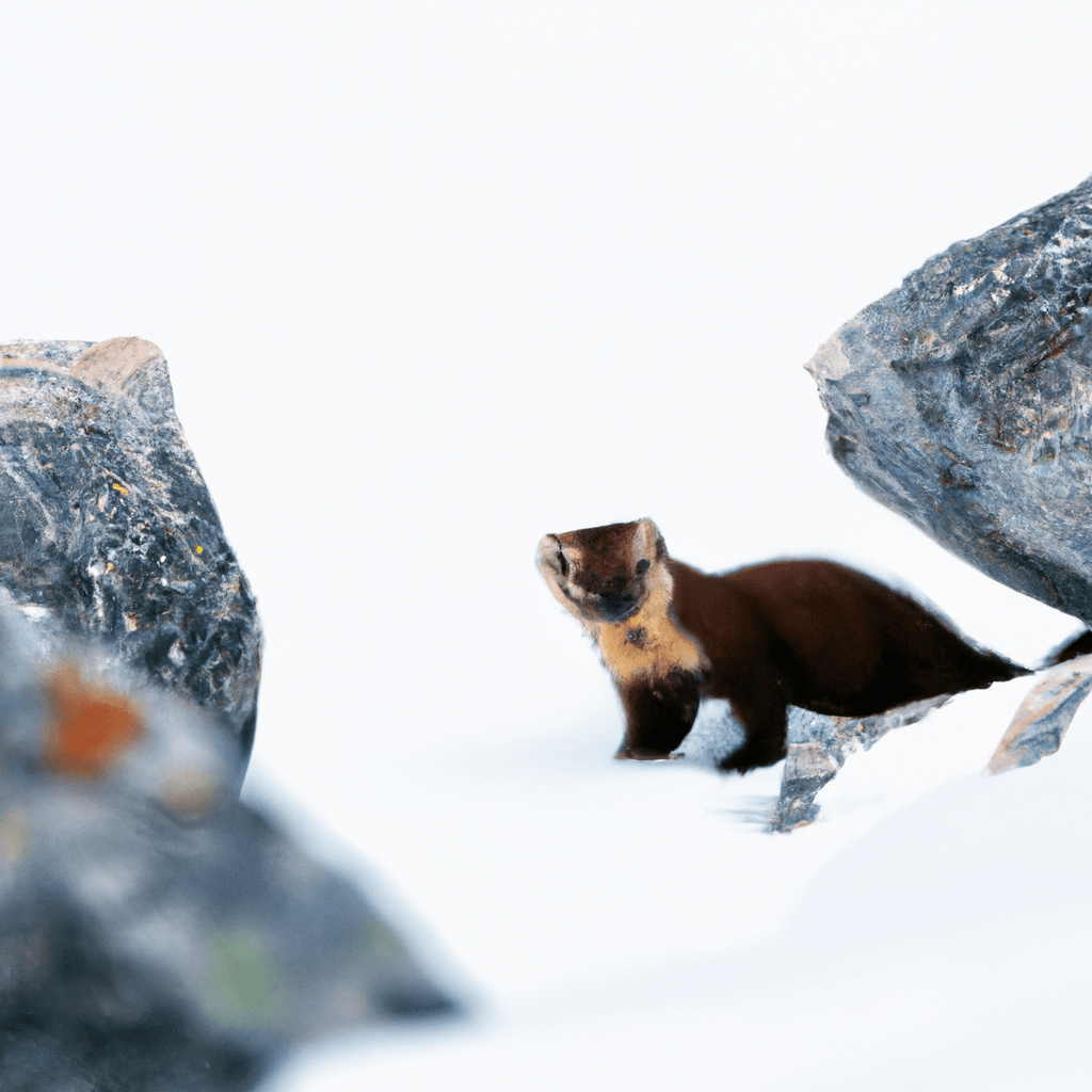 Mountainous Areas: A photo capturing the tenacious rock marten effortlessly navigating through snow-covered terrain, seeking refuge among rocky formations in the harsh climate of high-altitude regions. Sigma 85 mm f/1.4. No text.. Sigma 85 mm f/1.4. No text.