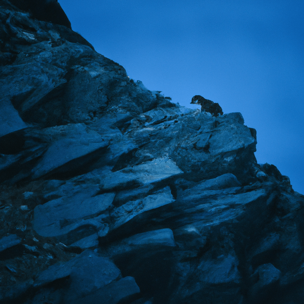 A photo of a rocky landscape at dusk, capturing the nocturnal hunting behavior of the mountain weasel.. Sigma 85 mm f/1.4. No text.