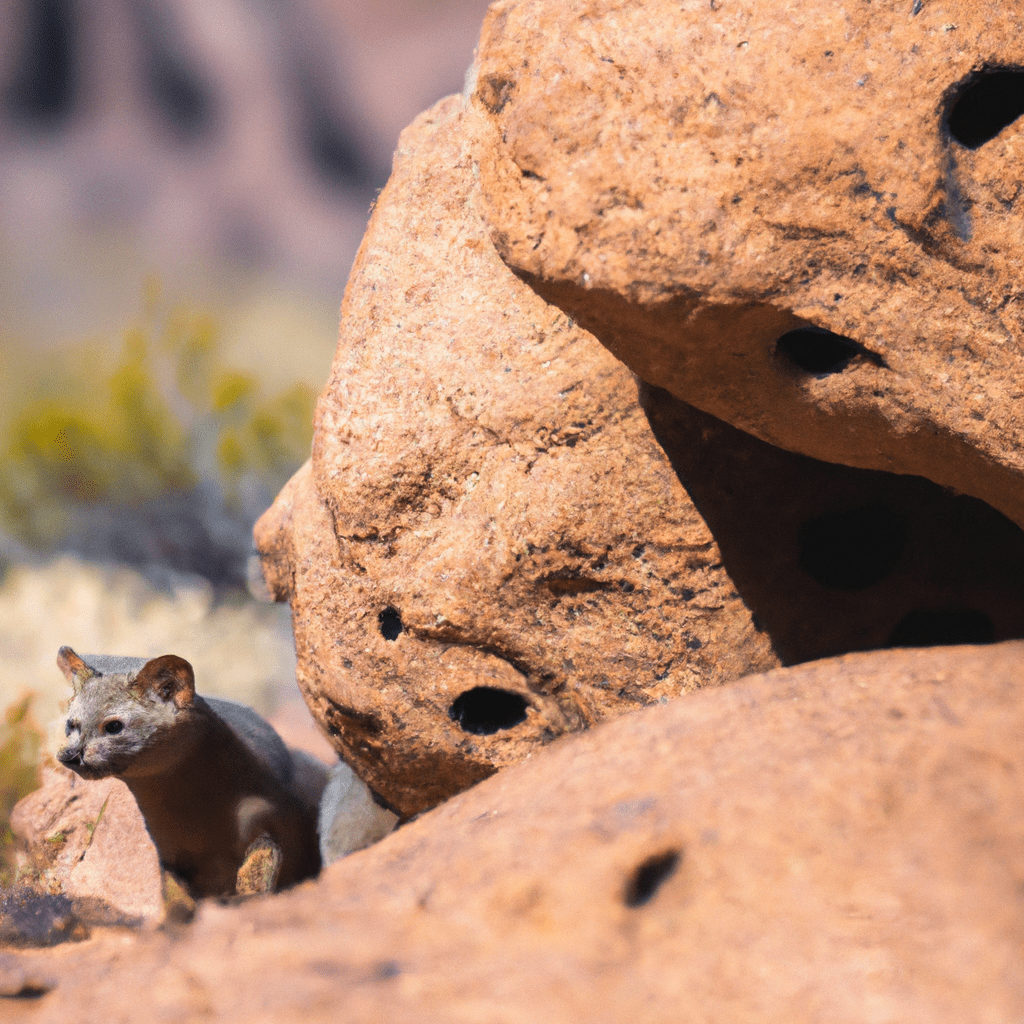 [A photo capturing the rugged beauty of a mountainous desert landscape, with a curious rock marten peeking out from behind a boulder.]. Sigma 85 mm f/1.4. No text.