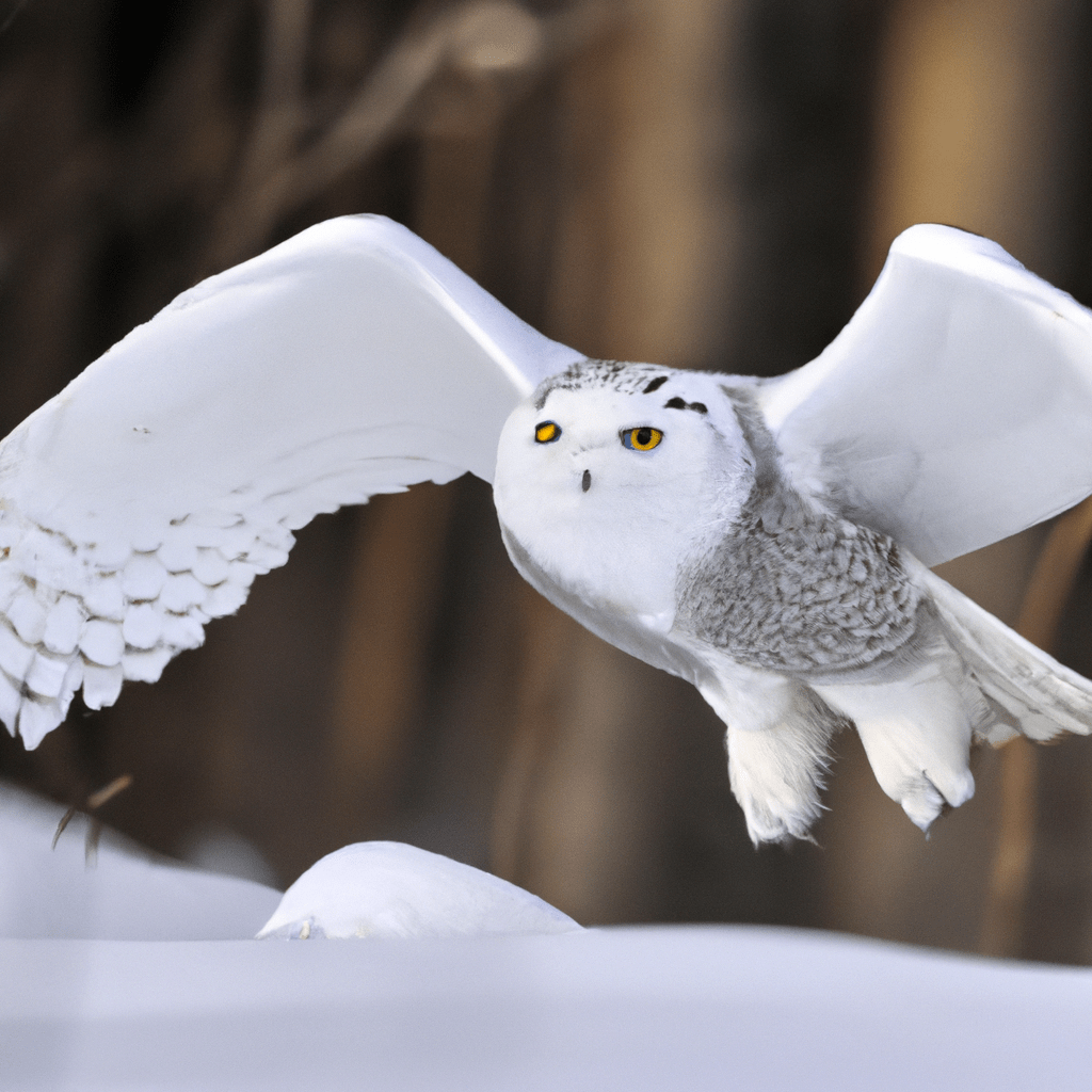 2 - [Snowy Owl in Flight]. Nikon 500mm f/4. Capturing the graceful moment, this Snowy Owl takes flight amidst the snowy forest, showcasing its ability to adapt and migrate in search of food and suitable climate.. Sigma 85 mm f/1.4. No text.