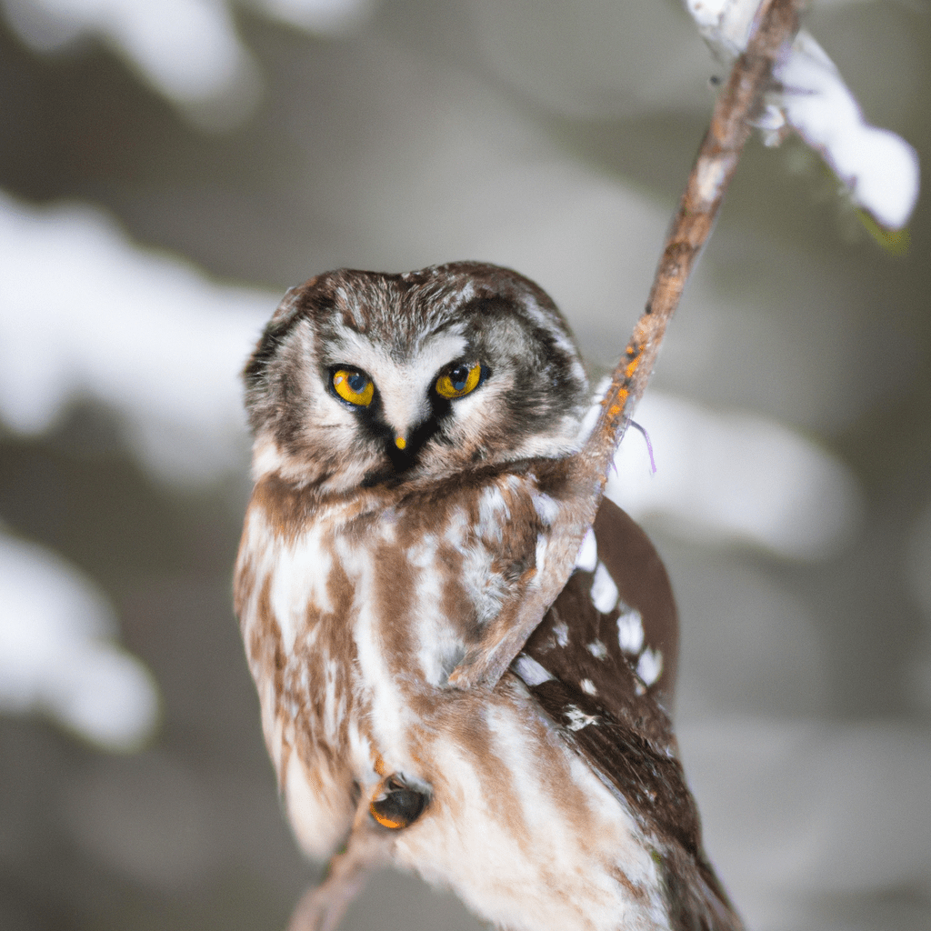 4 - [Boreal Owl perched on a snow-covered branch]. Nikon 300mm f/4.5. Amidst the winter landscape, the Boreal Owl elegantly sits on a branch covered in snow, showcasing its ability to adapt to harsh conditions. Sigma 85mm f/1.4. No text.. Sigma 85 mm f/1.4. No text.