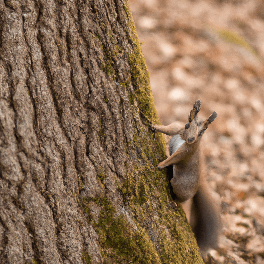 A picture showing a squirrel blending in with tree bark for camouflage.. Sigma 85 mm f/1.4. No text.