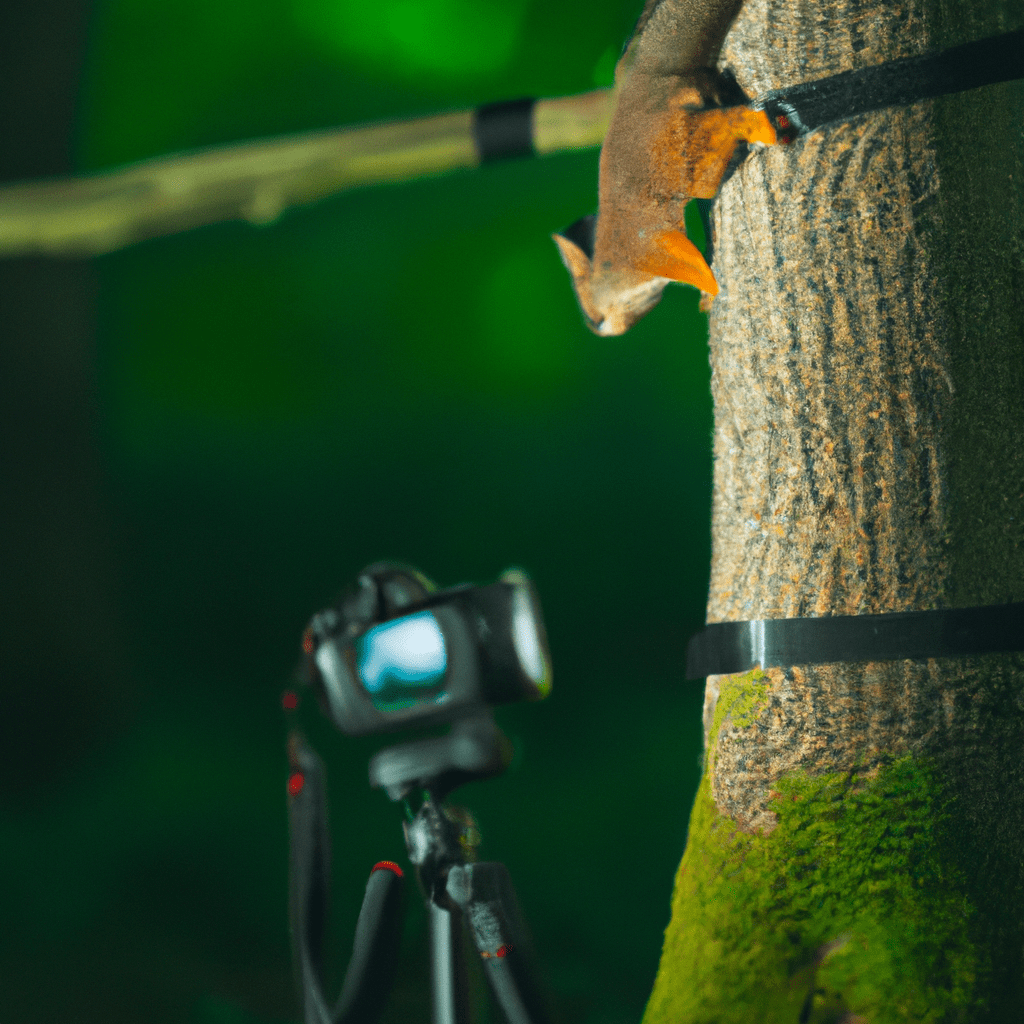 A photo capturing the fascinating nocturnal life of squirrels in their natural habitat. The trail camera is cleverly hidden in a dense forest, providing a glimpse into their secret world of acrobatics and hidden food caches. Sigma 85 mm f/1.4. No text.. Sigma 85 mm f/1.4. No text.