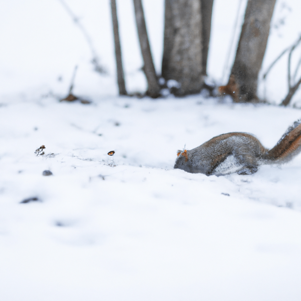 A photo of a squirrel searching for pine needles and tree bark to gather as winter food. The snowy background adds to the wintery atmosphere. Sigma 85 mm f/1.4. No text.. Sigma 85 mm f/1.4. No text.