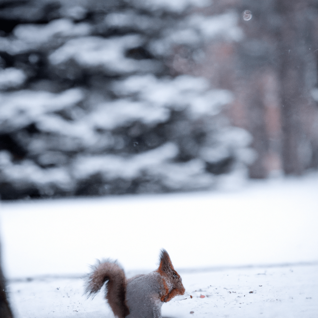A photo of a squirrel gathering food for the winter, with snow-covered trees in the background.. Sigma 85 mm f/1.4. No text.