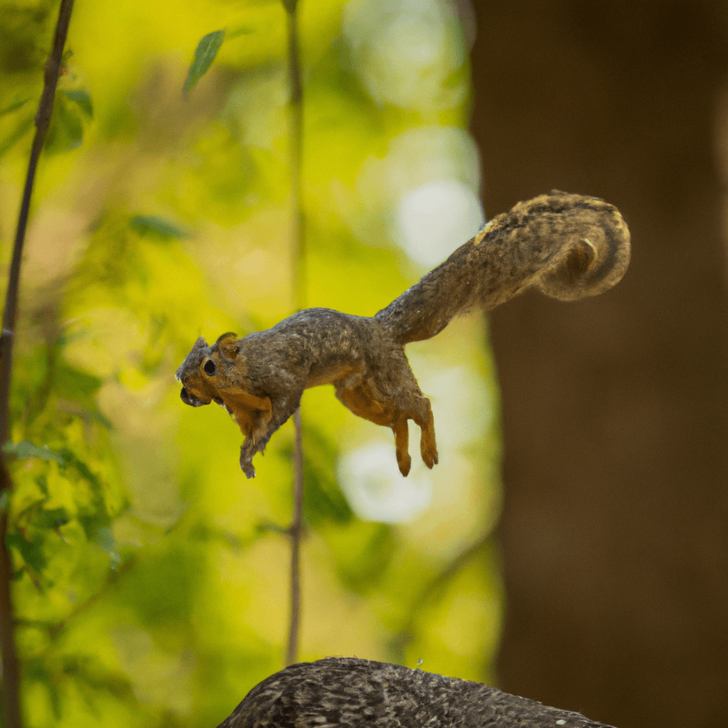 2 - [A stunning close-up photo capturing the agility of a forest squirrel as it gracefully leaps from one tree branch to another. The Sigma 85 mm f/1.4 lens perfectly highlights every detail.]. Sigma 85 mm f/1.4. No text.