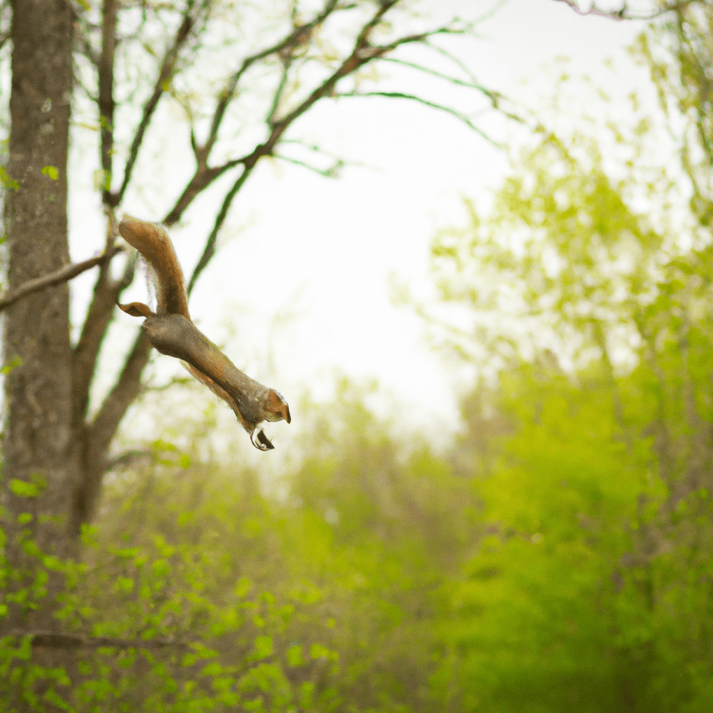 A mesmerizing photo capturing the acrobatic skills of a squirrel as it gracefully leaps through the tree branches. The Sigma 85 mm f/1.4 lens perfectly showcases its agility.. Sigma 85 mm f/1.4. No text.